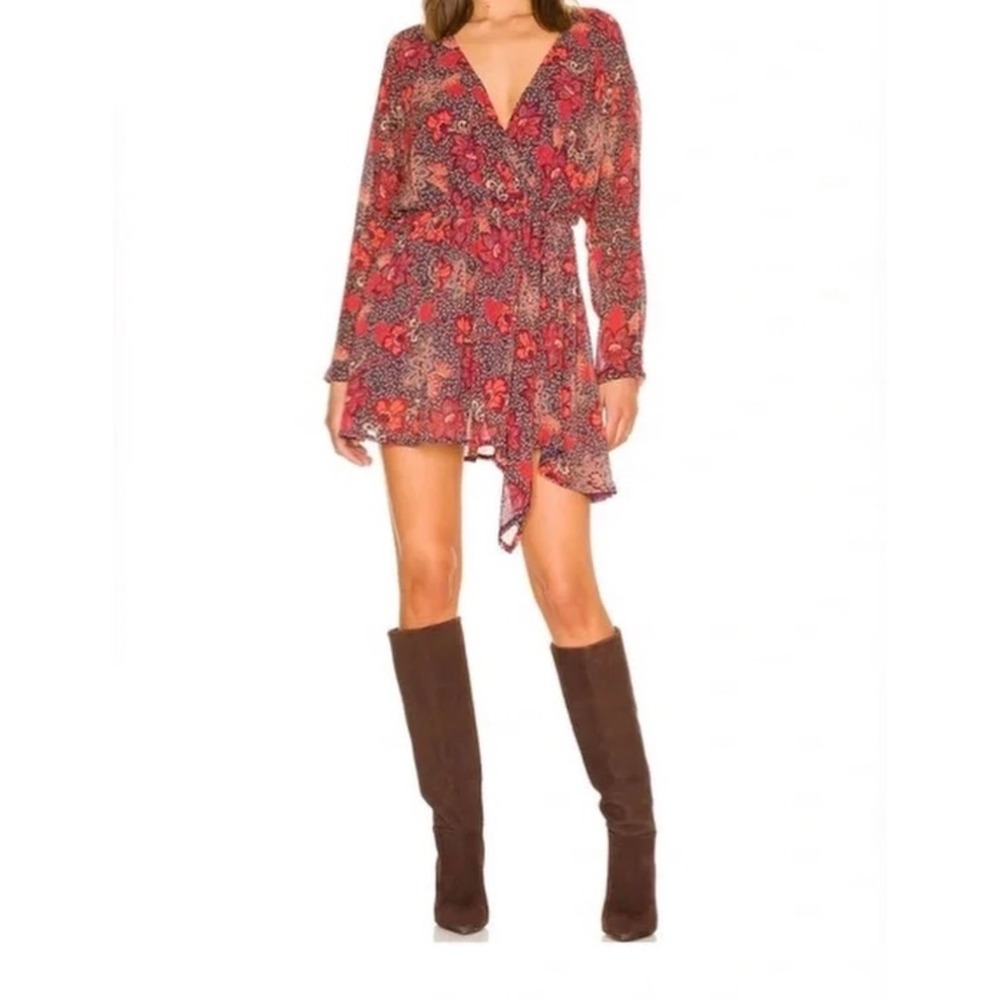Free People Floral Paisley Wrap Mini Dress Red Navy Blue Boho Revival Womens XS